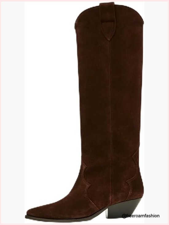Shoes - Women's Pointed Toe Cowgirl Knee High Boots Chunky Heel Pull On
